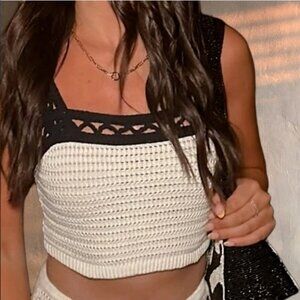 House of Harlow 1960 Crochet Open Knit Cropped Tank Top, Cream/Black NEW